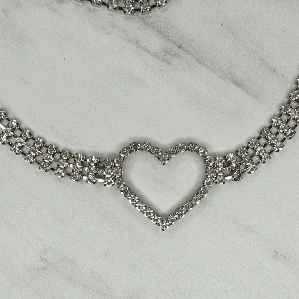 Womens Rhinestone Heart Silver Tone Multi Row Chain Link Belt Small S ✨
